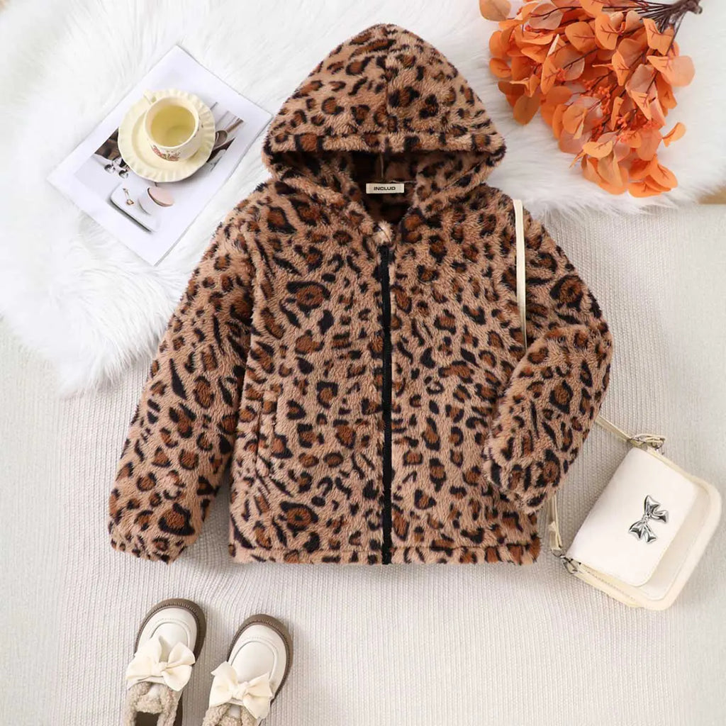 Girls Brown Leopard Print Hooded Zipper Jacket Coats & Jackets Brown 7-8 Y
