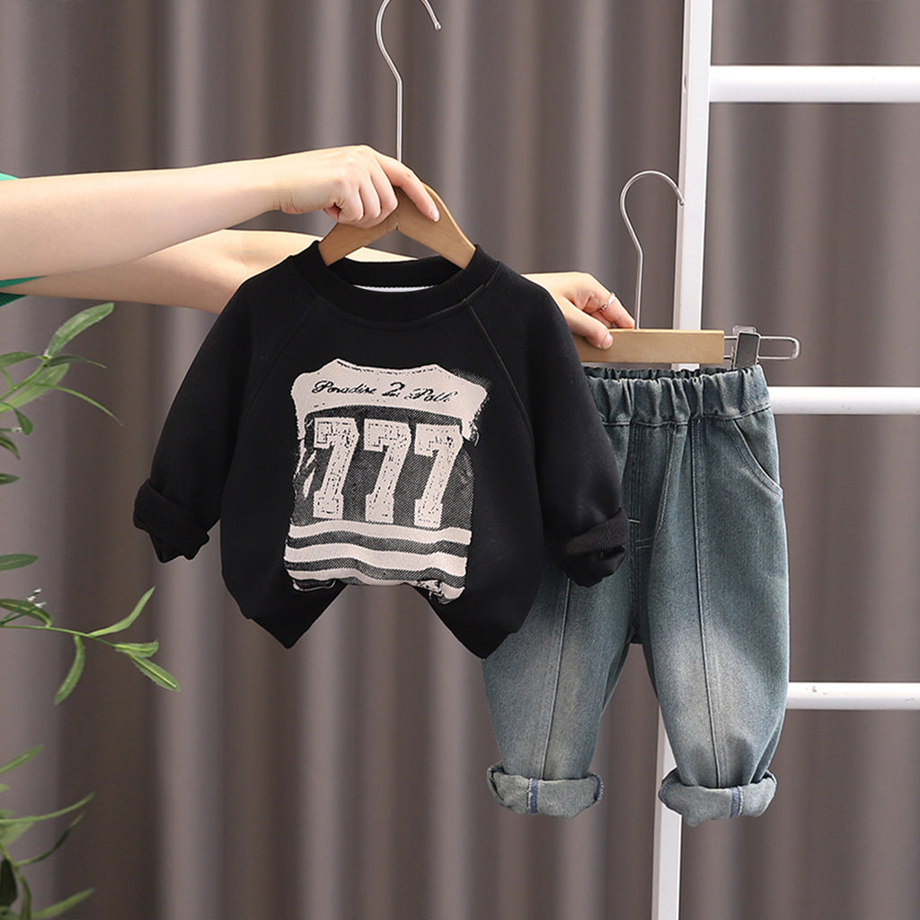 Boys Black Alphanumeric Printed Sweatshirt With Denim Pants Set 2 pc. Sets Black 1-2 Y
