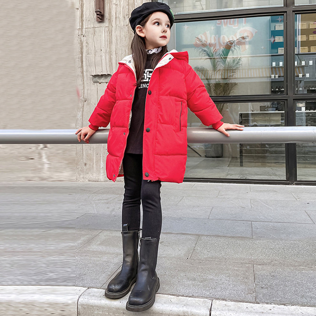 Girls Red Solid Puffer Hooded Down Jacket Coats & Jackets Red 2-3 Y