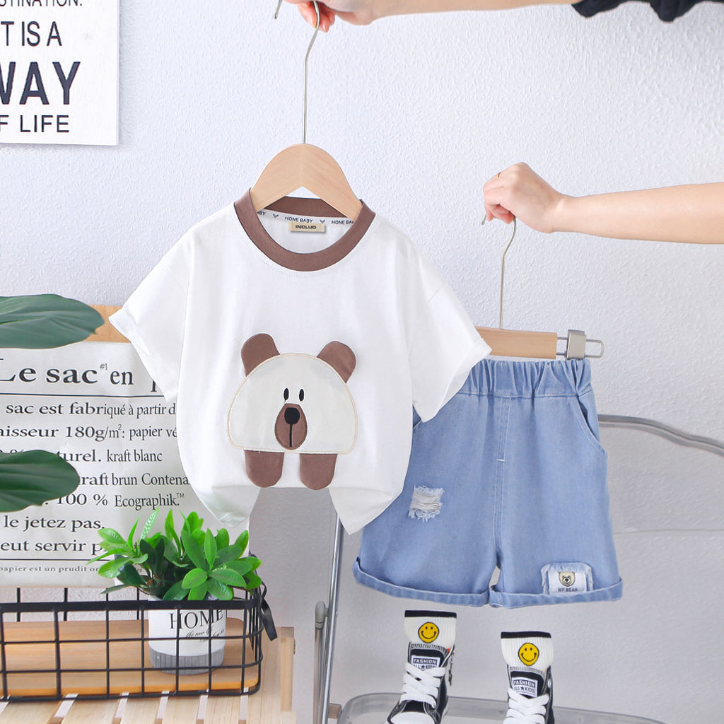 Boys Brown Teddy Patch Short Sleeves T-Shirt With Denim Shorts set 2 pc. Sets Brown 1-2 Y