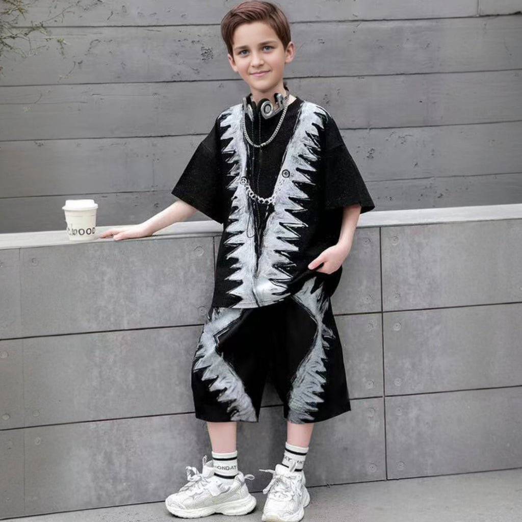 Boys Black Abstract Printed Summer Oversized T-Shirt With Shorts Set 2 pc. Sets Black 5-6 Y