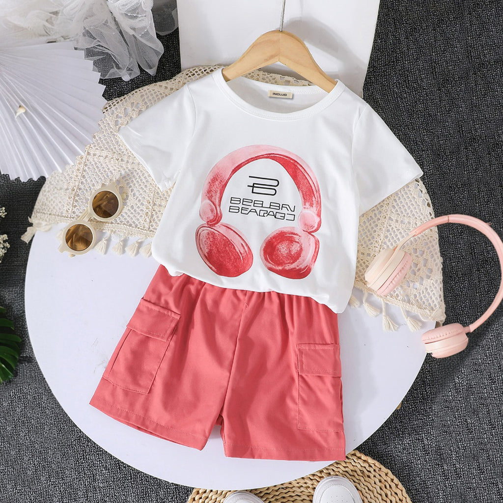Girls White Headphone Graphic Short Sleeves T-Shirt With Cargo Shorts Set 2 pc. Sets White 3-4 Y