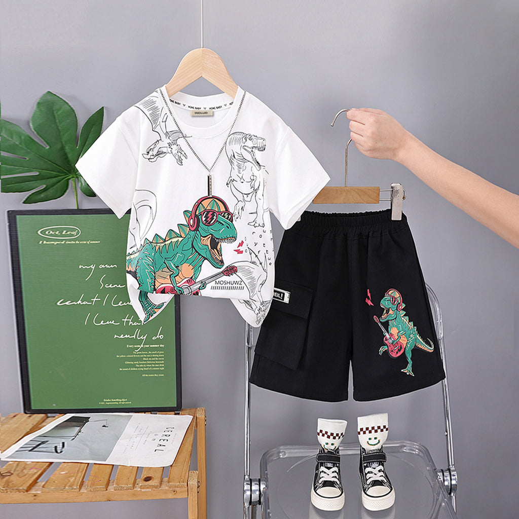 Boys Dinosaur Printed White T-Shirt With Shorts Set 2 pc. Sets White 1-2 Y