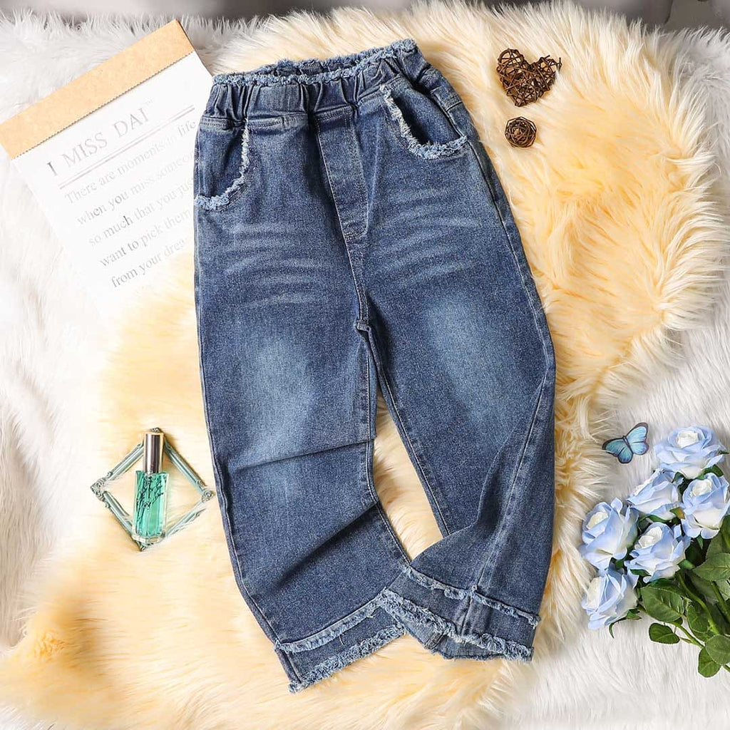 Girls Raw Edge Waist Straight Fit Denim Jeans Blue 5-6 Y 