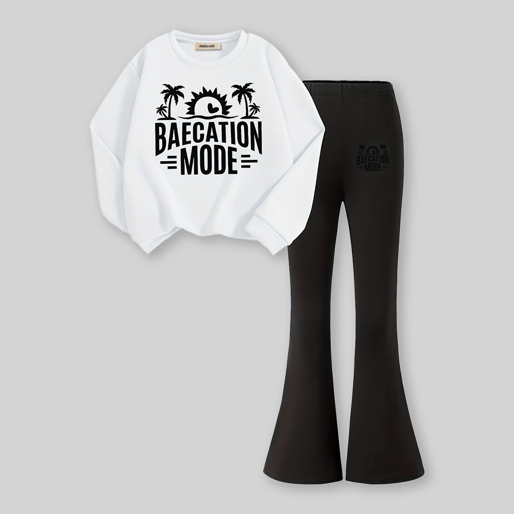Girls White Typographic Printed Sweatshirt With Flared Pants Sets 2 pc. Sets White 7-8 Y