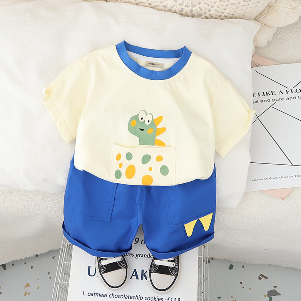 Boys Graphic Printed Pouch Pocket T-Shirt With Blue Shorts Set 2 pc. Sets Blue 1-2 Y