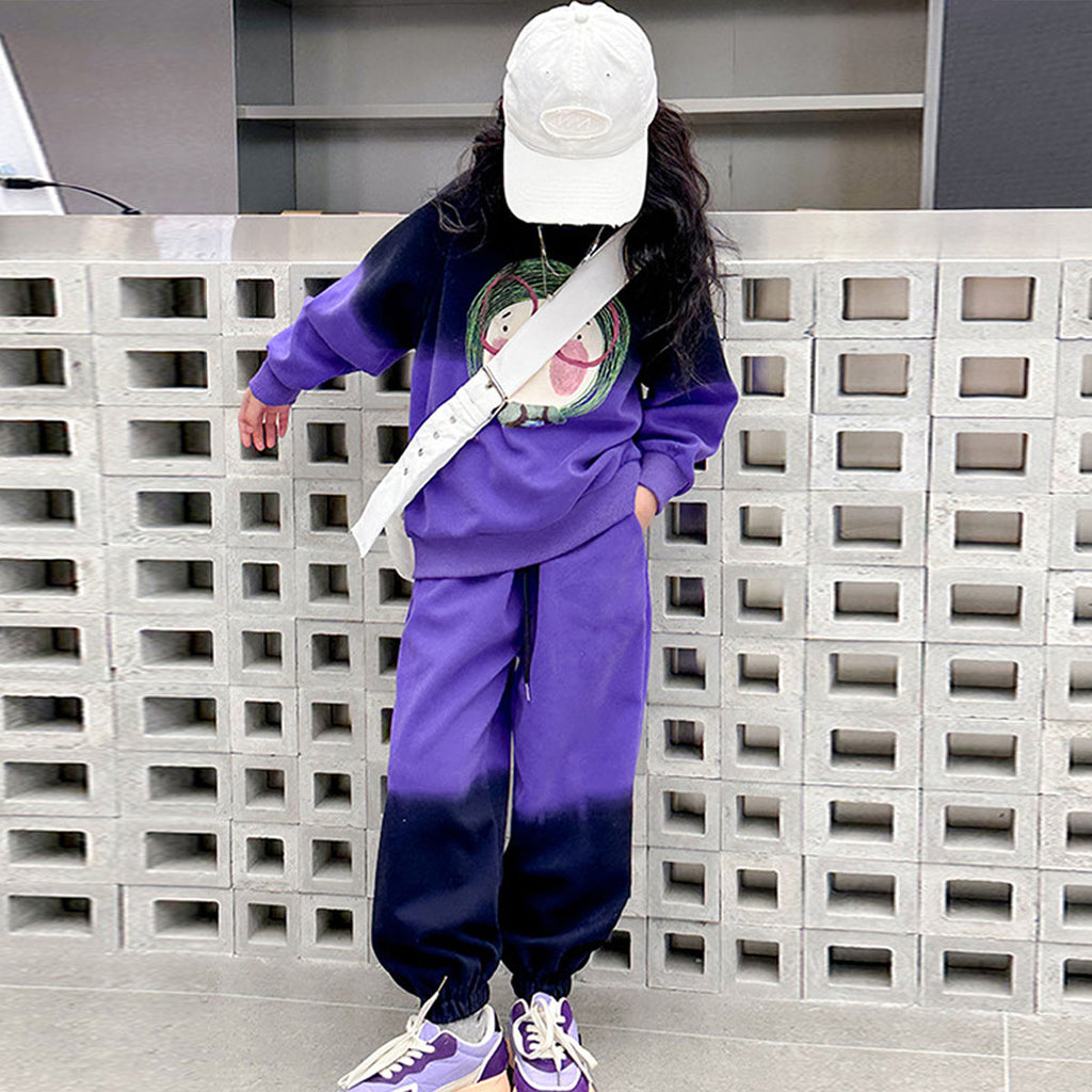 Girls Purple Ombre Printed Raglan Sweatshirt With Jogger Winter Co-ord Set 2 pc. Sets Purple 5-6 Y