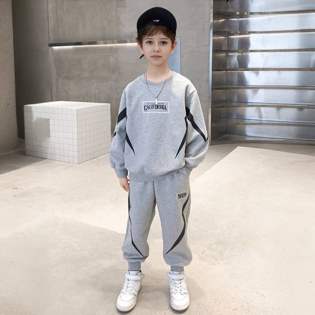 Boys Grey Typographic Printed Winter Sweatshirt With Jogger Set 2 pc. Sets Grey 5-6 Y