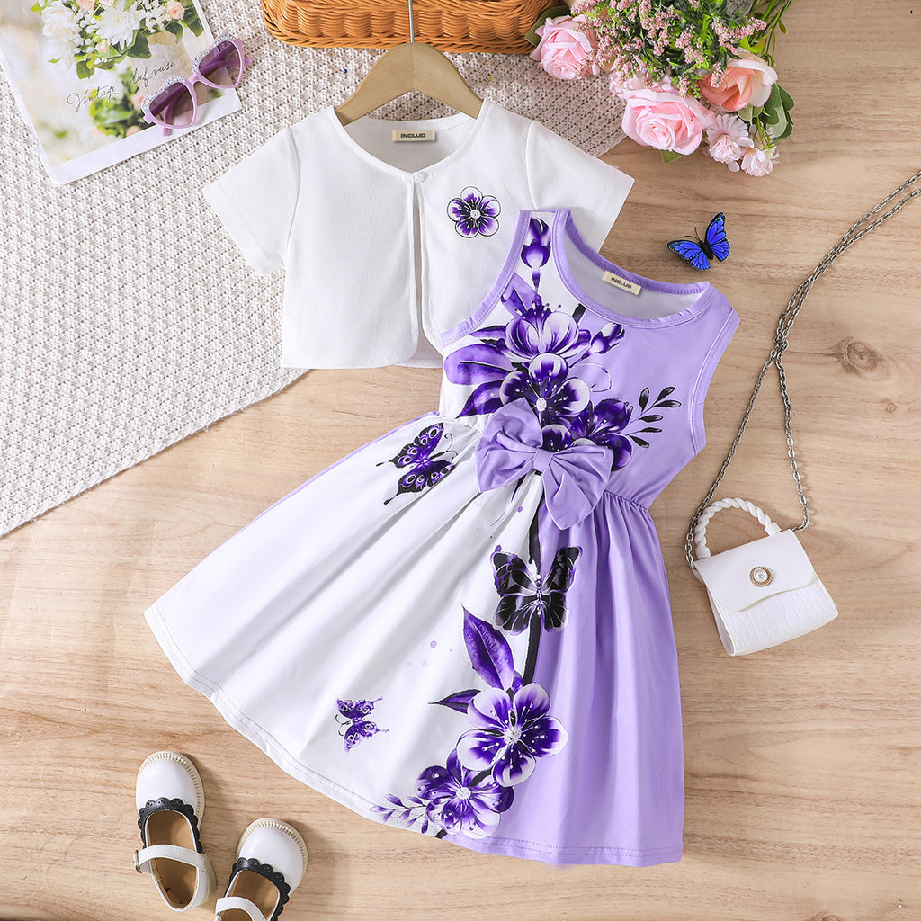 Girls Purple Floral Printed Sleeveless Dress With Short Sleeves Shrug Casual Dresses Purple 3-4 Y