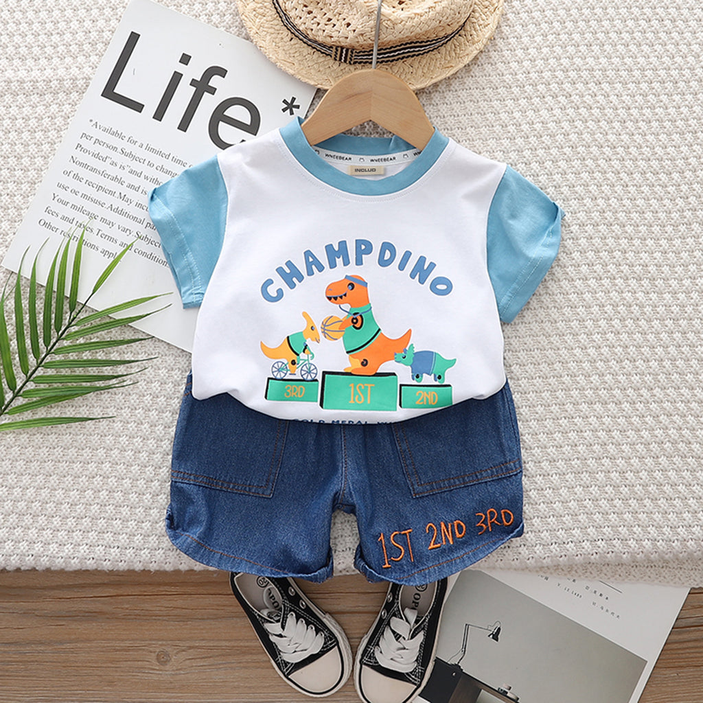 Boys White Short Sleeve Champ Dino Print T-shirt With Denim Shorts Set 2 pc. Sets White 1-2 Y