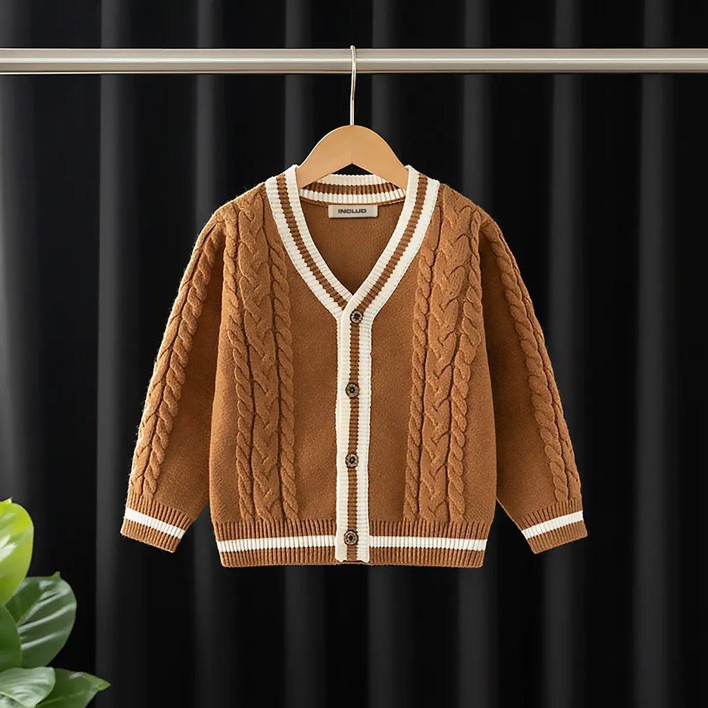 Girls Camel Brown Self-Design Knitted Cardigan Sweaters & Cardigans Brown 1-2 Y