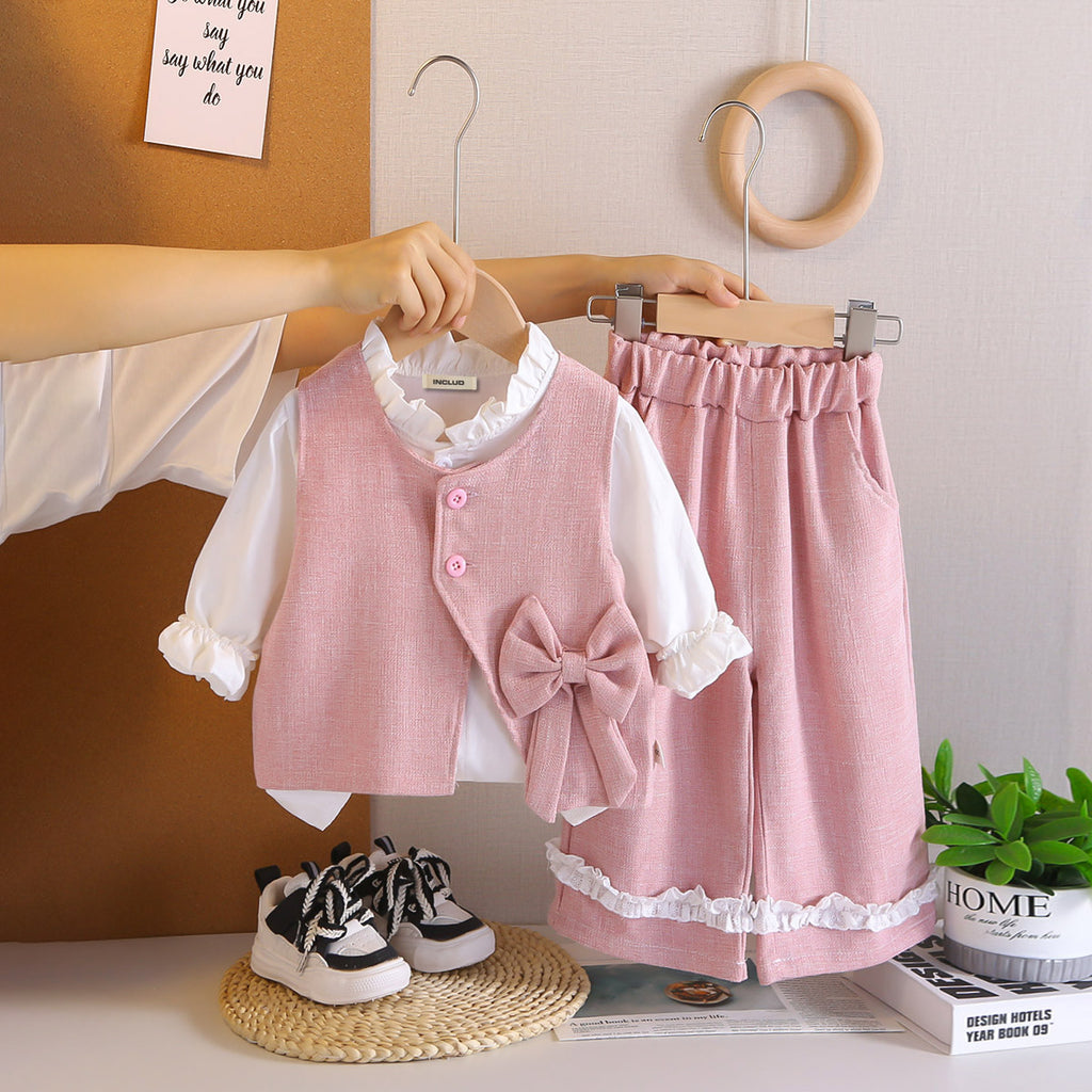 Girls Pink Textured Sleeveless Jacket With Top & Pants Set Sets