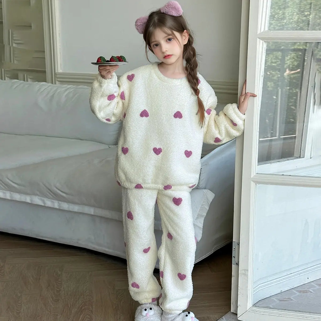 Girls Off White Heart Printed Polar Fleece Sweatshirt With Jogger Co-ord Set Sets Off White 5-6 Y