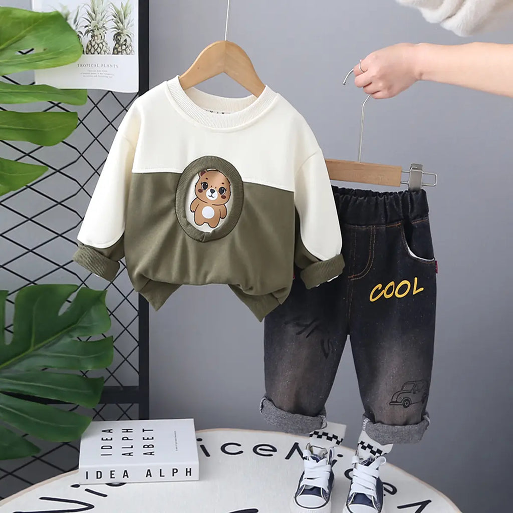 Boys Green Graphics Printed Sweatshirt With Denim Pants Set Sets Green 1-2 Y