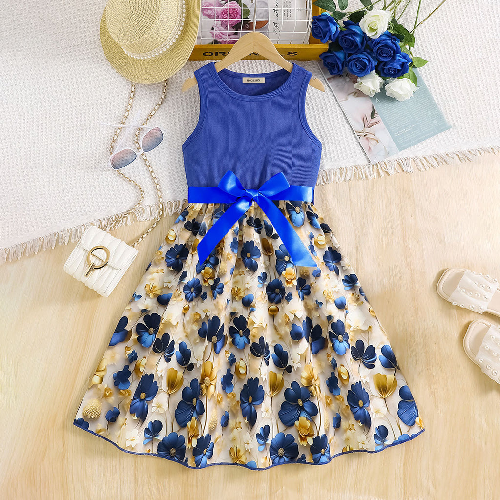 Girls Blue Printed Fit And Flared Midi Casual Dress Casual Dresses Blue 3-4 Y