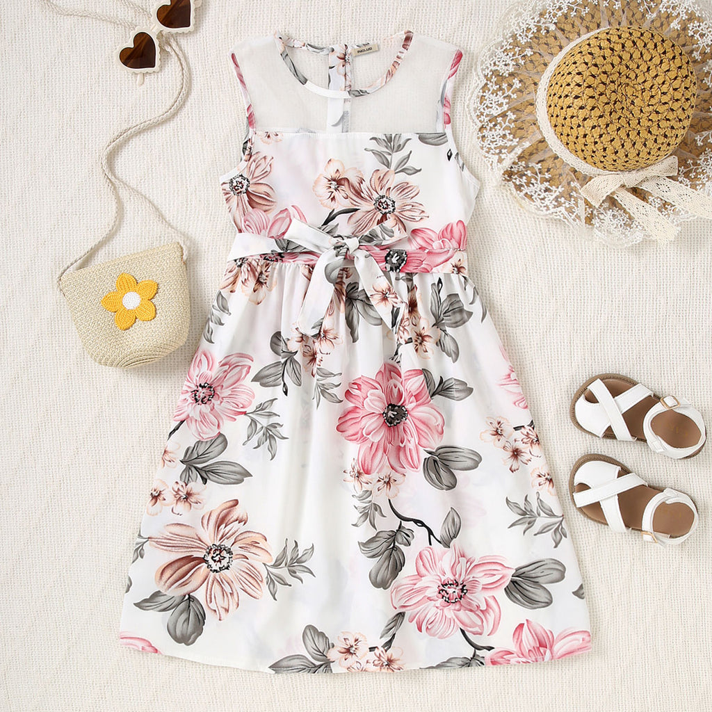 Girls White Floral Printed Sleeveless Net Yoke Dress Casual Dresses White 7-8 Y