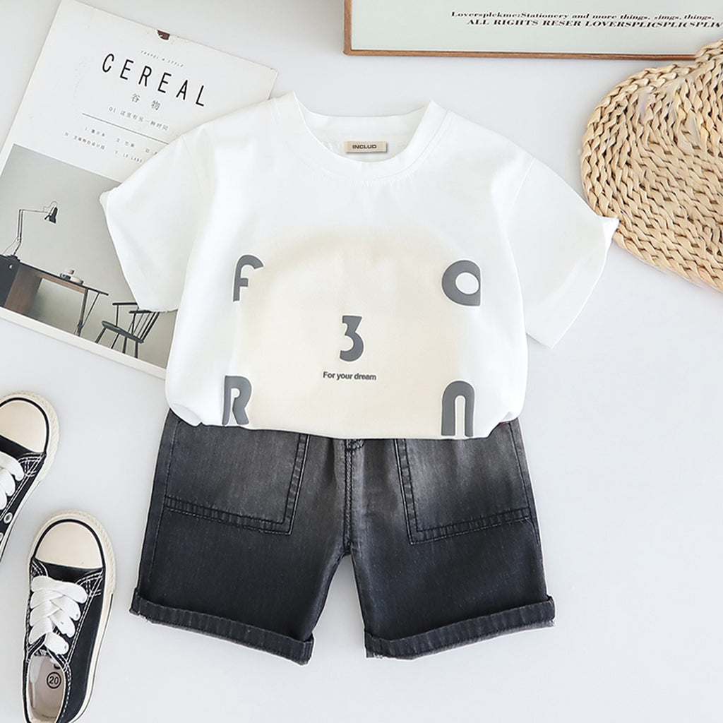Boys White Printed Short Sleeves T-Shirt With Denim Shorts Set 2 pc. Sets White 1-2 Y