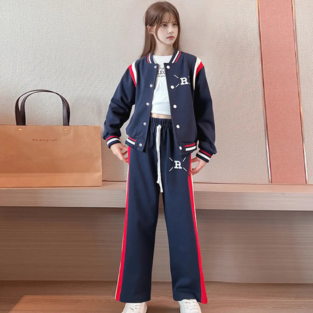 Girls Navy Blue R Letter Printed Varsity Jacket With Pants Co-ord Sets Sets Navy Blue 5-6 Y