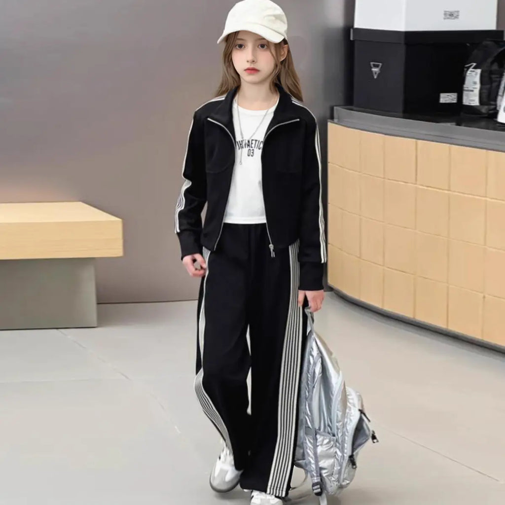 Girls Black Side Stripes Zipper jacket With Wide Leg Pant Sets Sets Black 5-6 Y