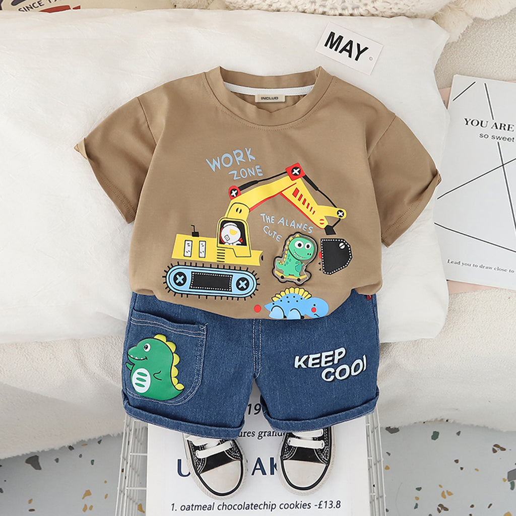 Boys Khaki Excavator Printed T-Shirt With Denim Shorts Set 2 pc. Sets Khaki 1-2 Y