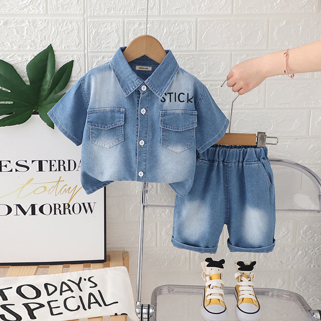 Boys Light Blue Denim Shirt With Typographic Printed T-shirt And Shorts Set 3 pc. Sets Light Blue 1-2 Y