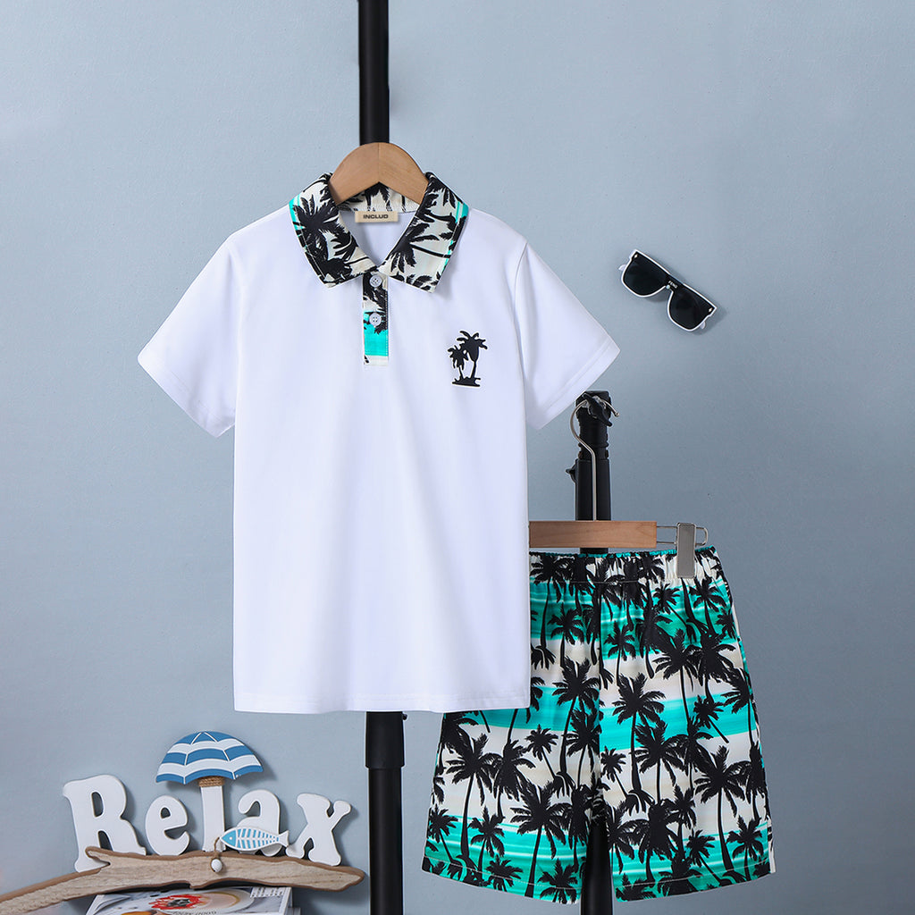 Boys Green Tropical Printed Short Sleeve Polo T-Shirt With Shorts Set 2 pc. Sets Green 5-6 Y