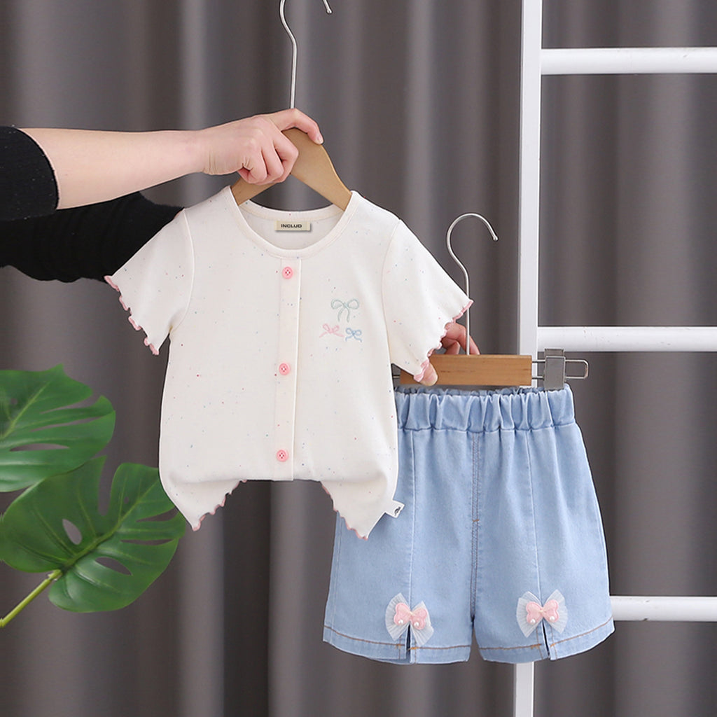 Girls Off White Short Sleeves Round Neck Top With Denim Shorts Set 2 pc. Sets Off White 1-2 Y