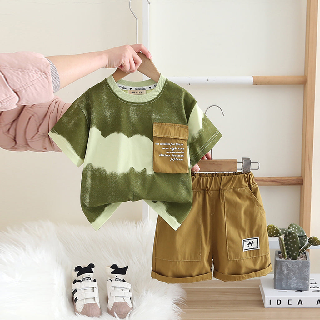 Boys Green Printed T-shirt with Flap Pocket & Shorts Set 2 pc. Sets Green 1-2 Y
