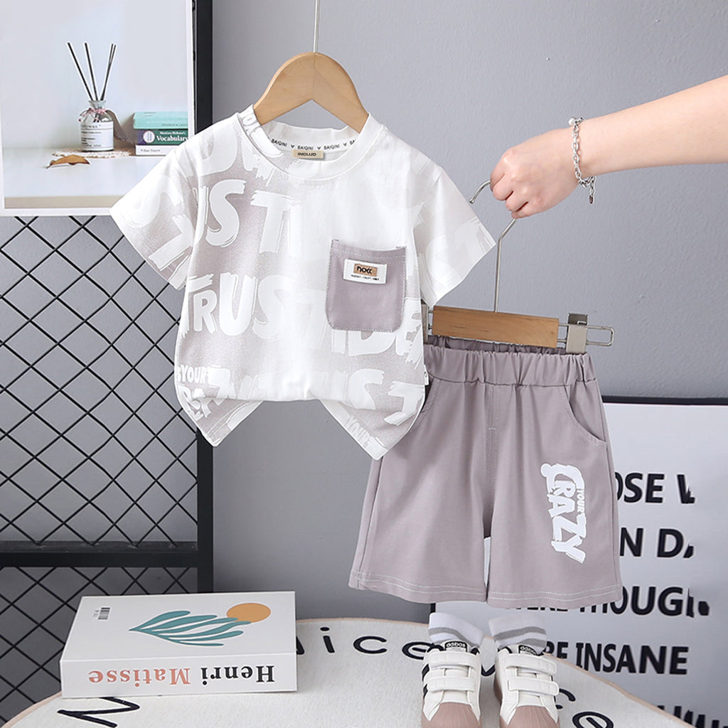 Boys Typographic Printed Contrast Pocket T-Shirt With Grey Shorts Set 2 pc. Sets Grey 1-2 Y