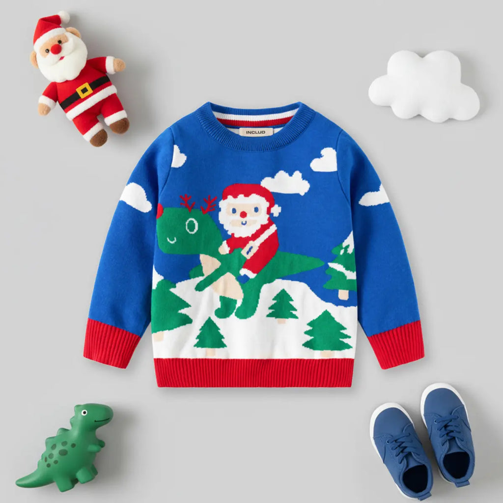 Boys Blue Sweater With Self-Design Santa Pattern Sweaters & Cardigans Blue 2-3 Y
