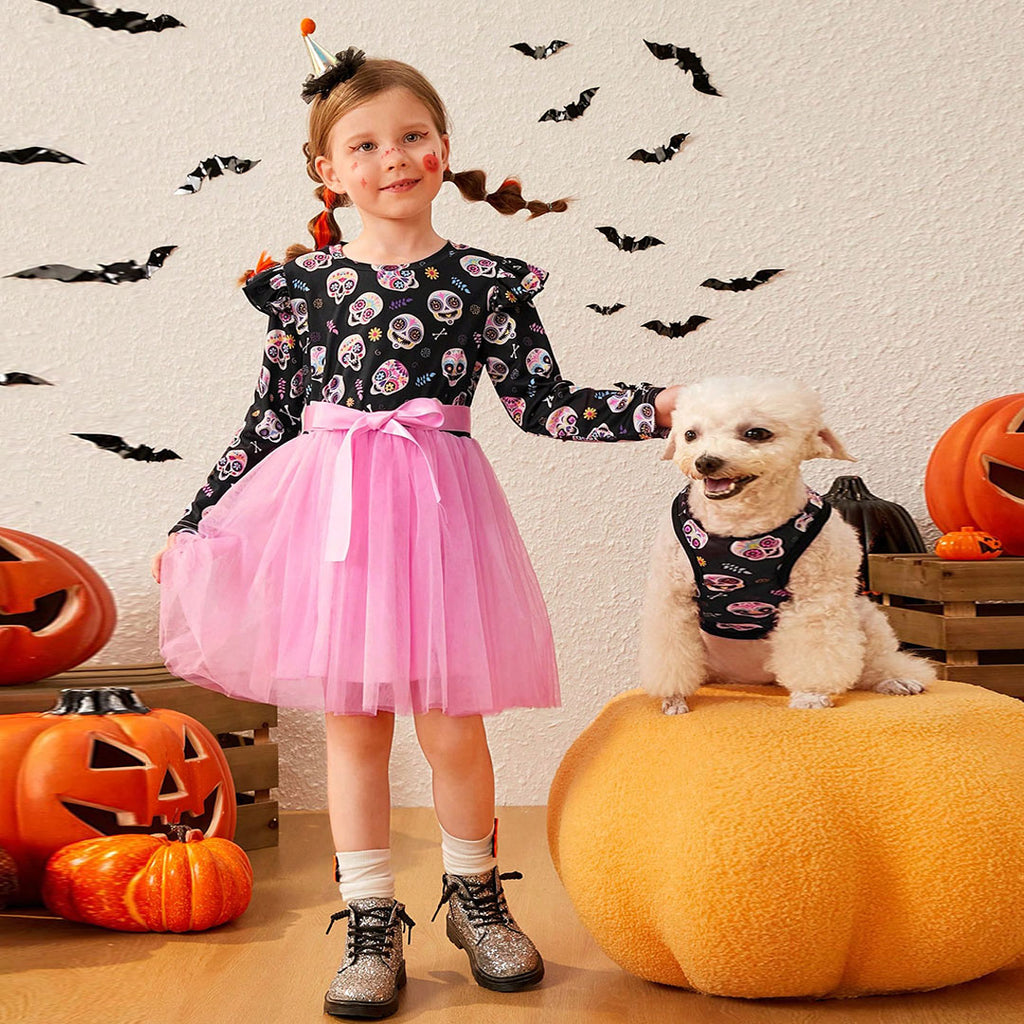 Girls Pink Skull Printed Full Sleeves Tulle Overlay Dress Casual Dresses Pink 3-4 Y