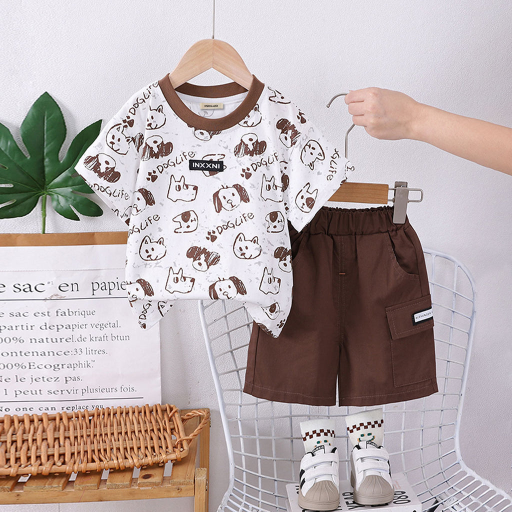 Boys Brown Dog Printed Short Sleeves T-shirt With Shorts Set Sets Brown 1-2 Y