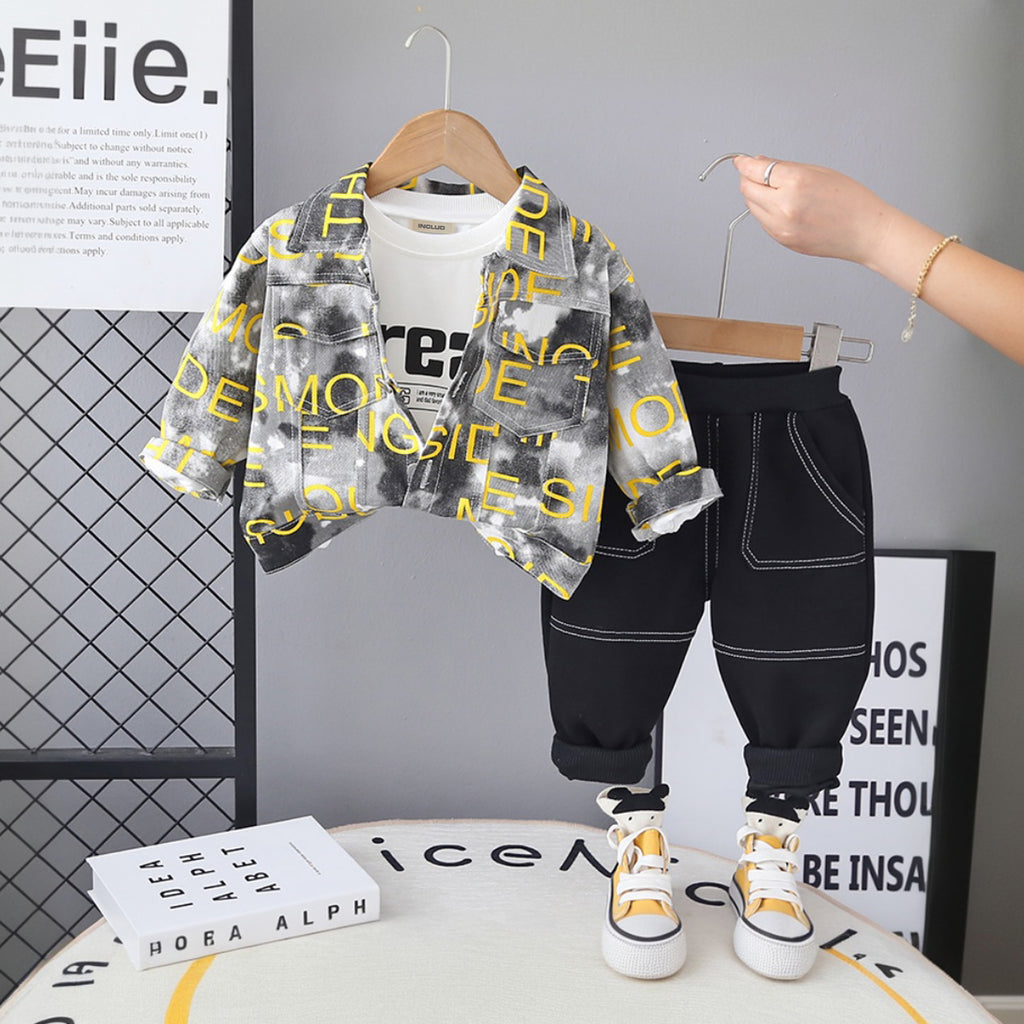 Boys Yellow Typographic Printed Shirt With T-Shirt and Pants Set Sets Yellow 1-2 Y