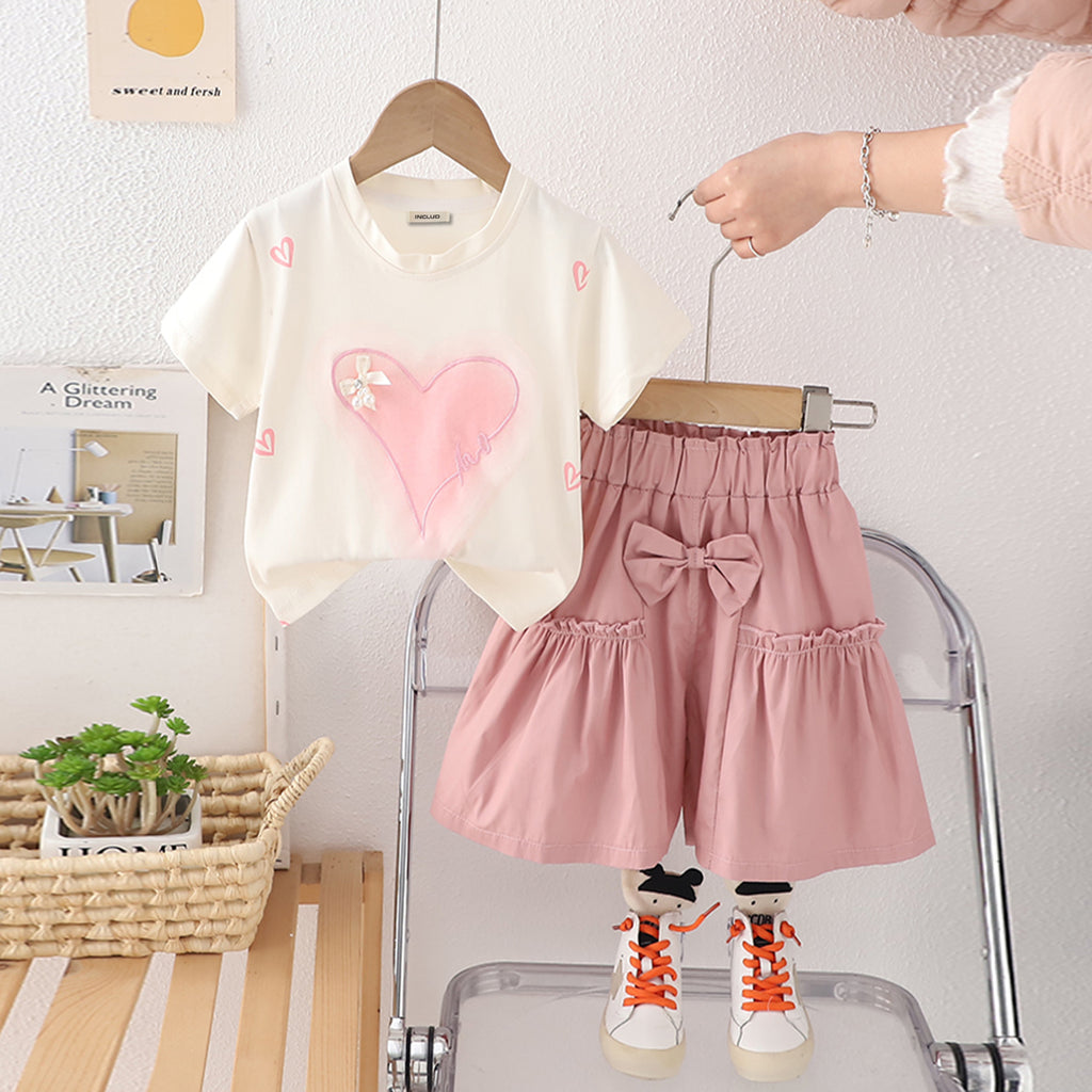 Girls Heart Printed Short Sleeves T-Shirt With Flared Pink Shorts Set 2 pc. Sets Pink 1-2 Y