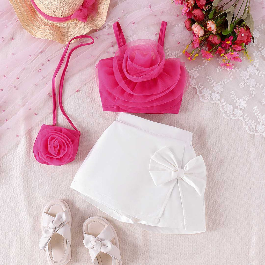 Girls Flower Applique Camisole Top With Shorts & Sling Bag Set Sets Pink 4-5 Y 