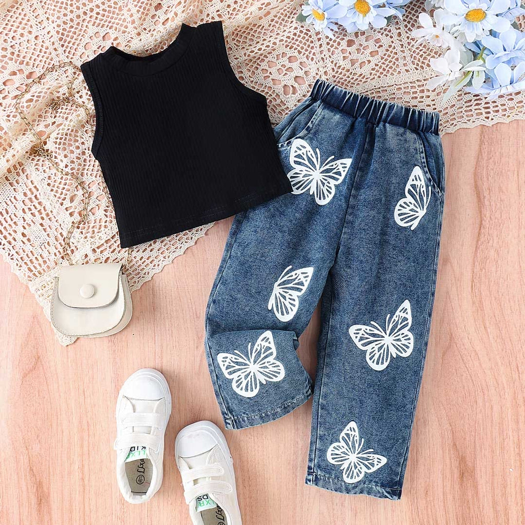 Girls Crop Top With Printed Elasticated Denims Set (Copy) Sets Black 1-2 Y