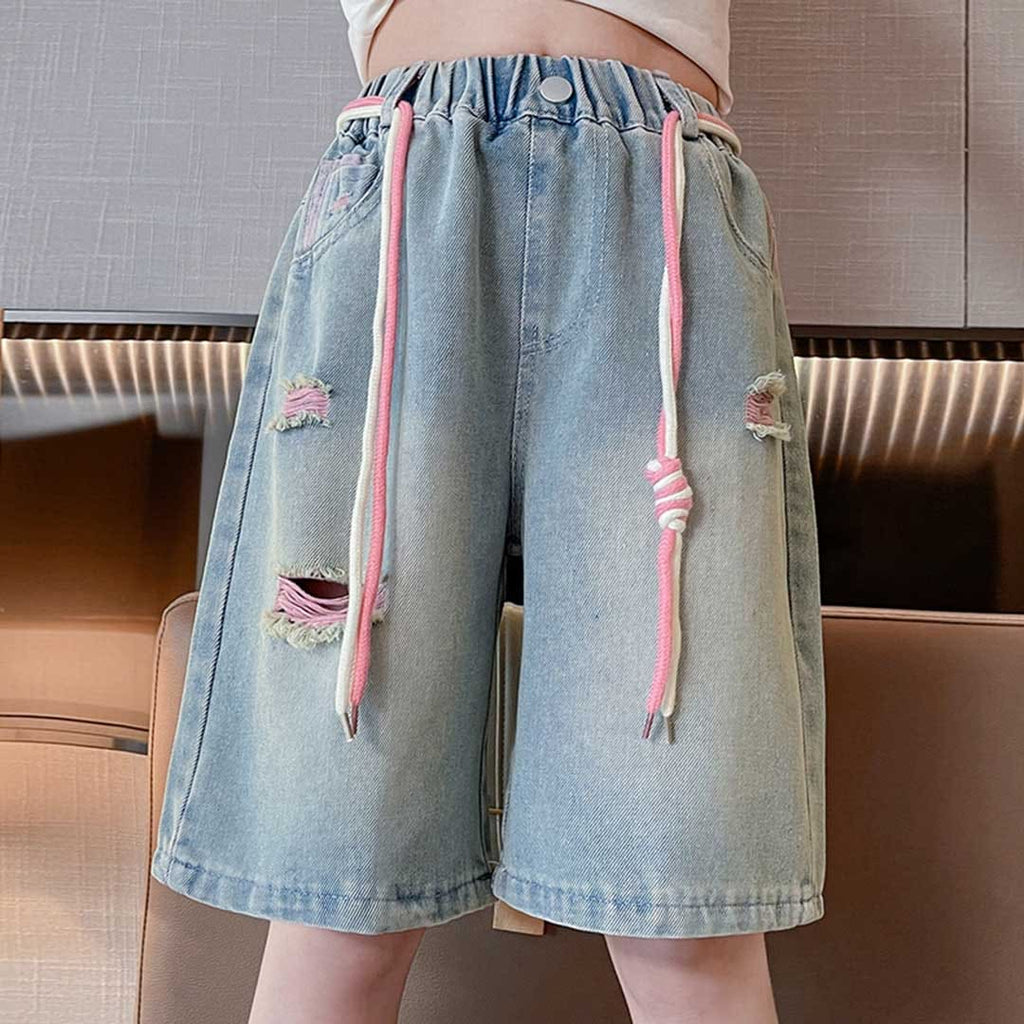Girls Elasticated Distress Denim Shorts Shorts Blue 6-7 Y 