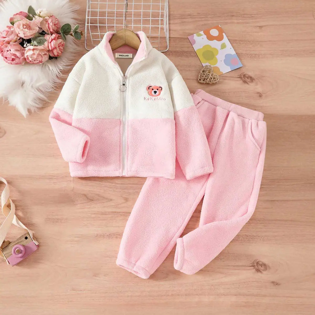Girls Pink Bear Face Embroidered Hooded Zipper Jacket With Pants Sets 2 pc. Sets Pink 1-2 Y