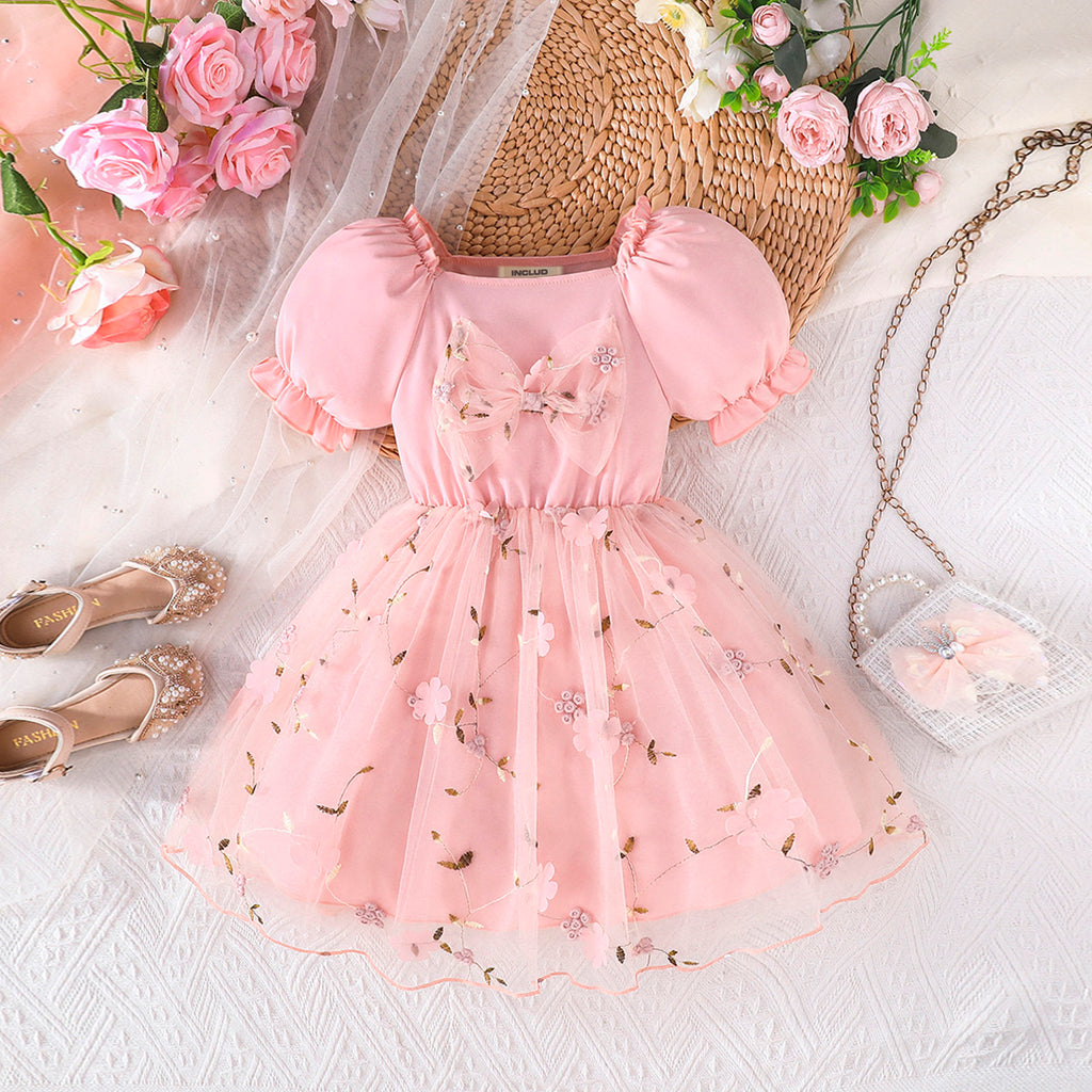 Girls Light Pink Floral Embroidered Puff Sleeves Dress Casual Dresses
