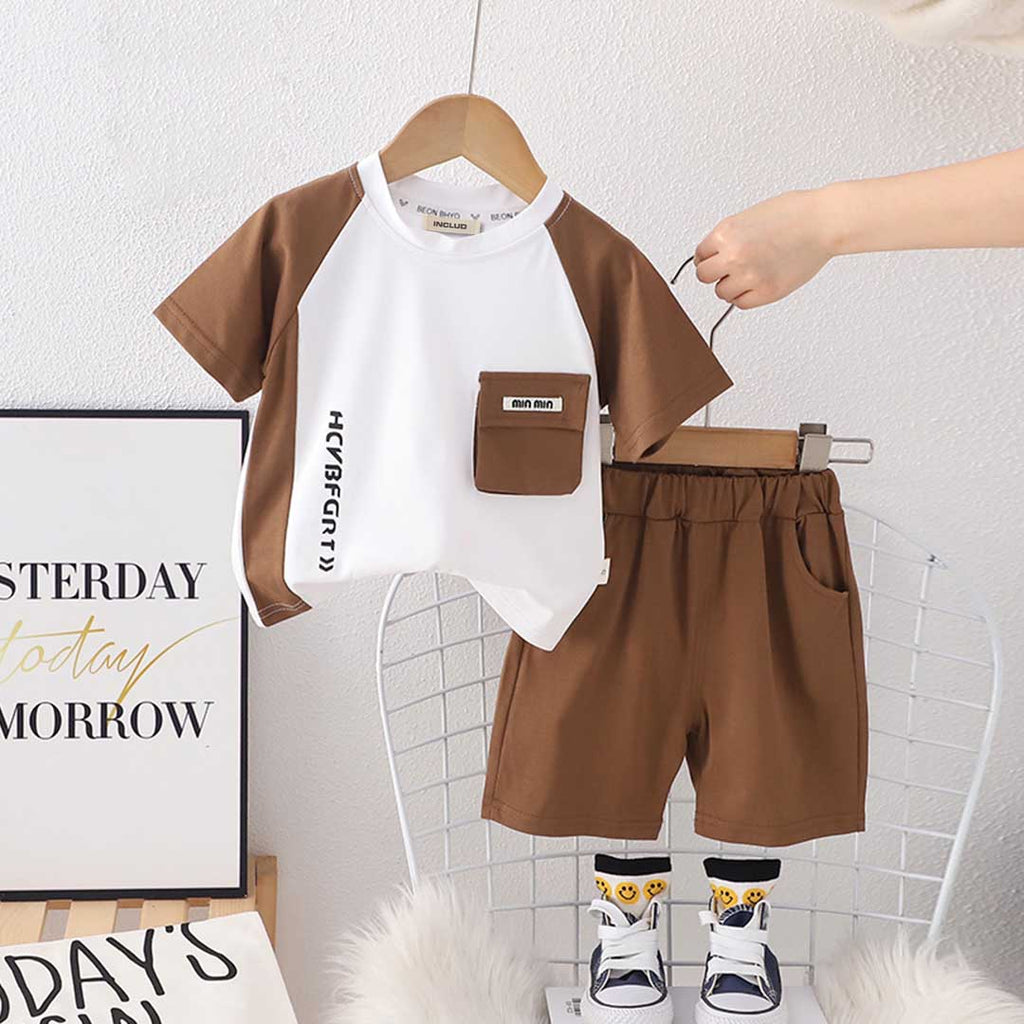 Boys Raglan Sleeve Front Pocket T-Shirt With Shorts Set 2 pc. Sets Brown 1-2 Y 