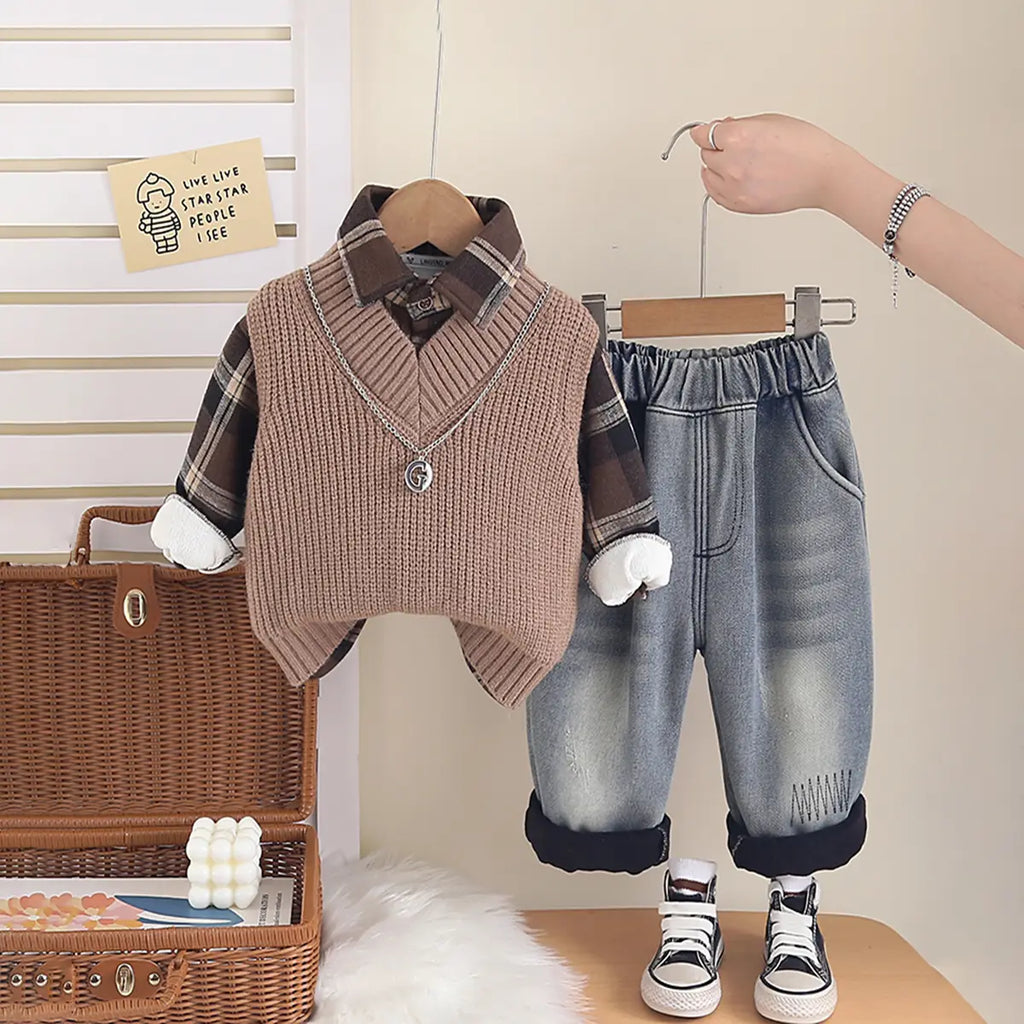 Boys Light Brown Sweater Vest With Checked Shirt & Denim Pant Sets Sets Light Brown 1-2 Y