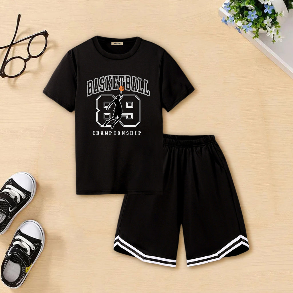 Boys Black Typographic Printed T-Shirt With Shorts Set 2 pc. Sets Black 7-8 Y
