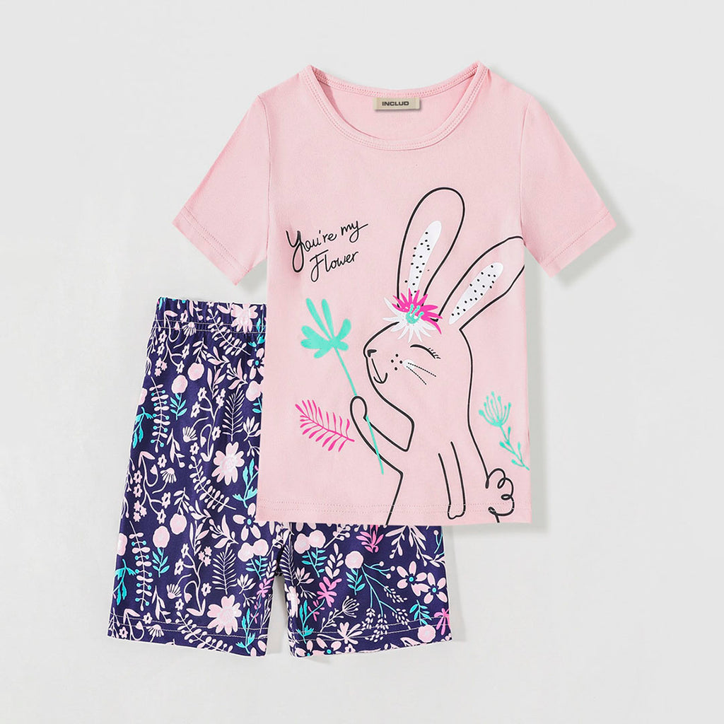 Girls Printed Short Sleeves T-shirt with Navy Floral Print Shorts Set Sets Pink 3-4 Y