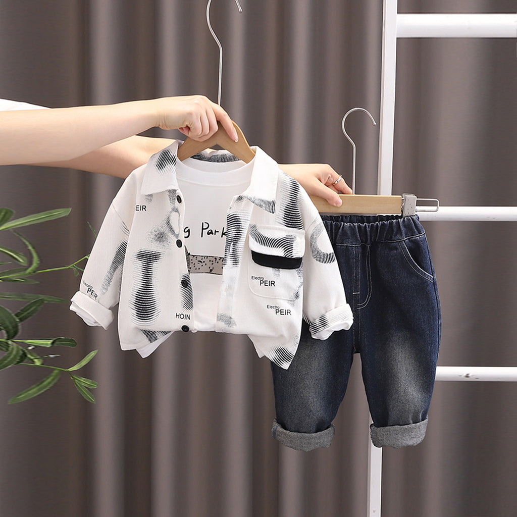 Boys White Abstract Printed Shirt With T-Shirt & Denim Pants Set Sets White 1-2 Y