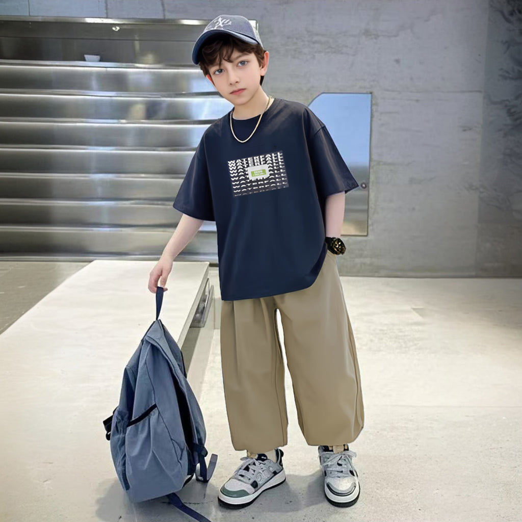 Boys Navy Blue Abstract Printed Summer Oversized T-Shirt With Jogger Set 2 pc. Sets Navy Blue 5-6 Y