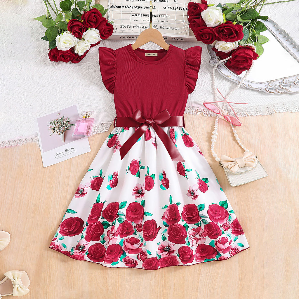 Girls Maroon Rose Printed Flutter Sleeves Fit And Flared Midi Casual Dress Casual Dresses