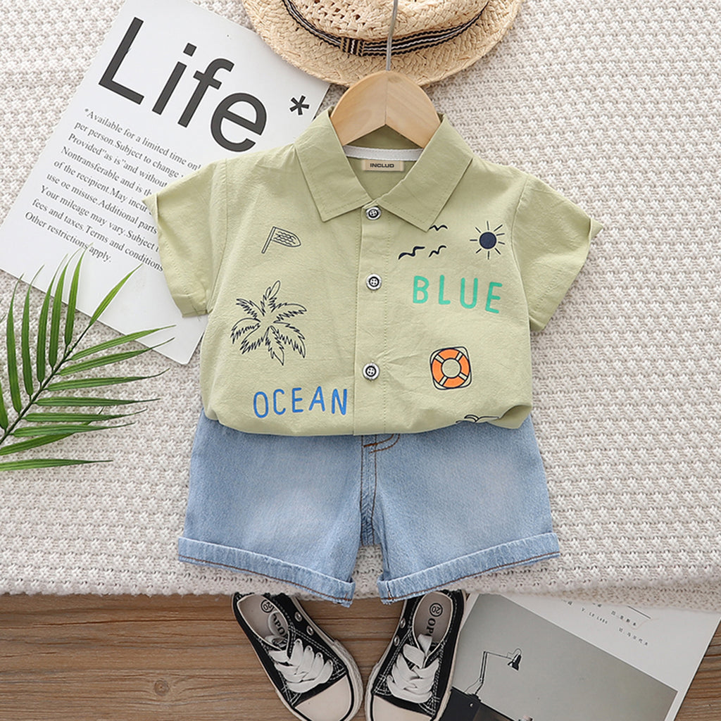 Boys Green Blue Ocean Print Short Sleeve Shirt With Denim Shorts Set 2 pc. Sets Green 1-2 Y