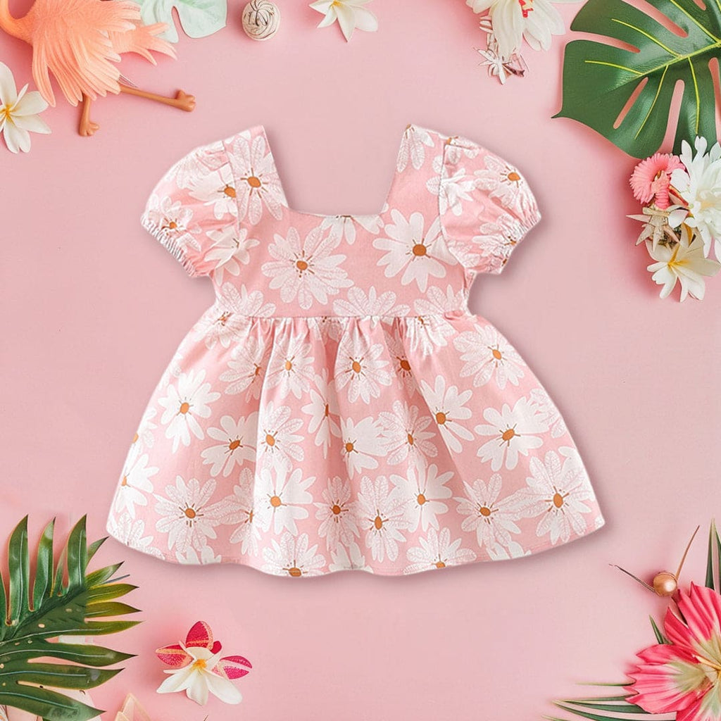 Girls Floral Print Puff Sleeves Dress With Bow Casual Dresses Pink 1-2 Y 