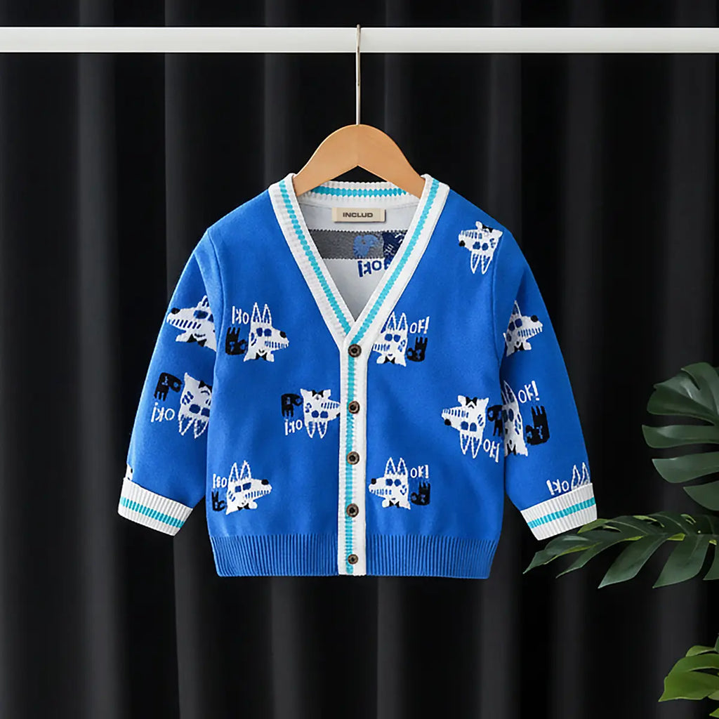 Boys Blue Self-Design Puppy Pattern Knitted Cardigan Sweaters & Cardigans Blue 1-2 Y