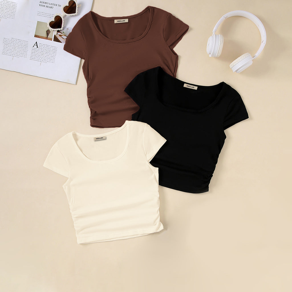 Girls Brown Short Sleeve Round Neck Top ( Pack Of 3) Value Packs Brown 12-13 Y